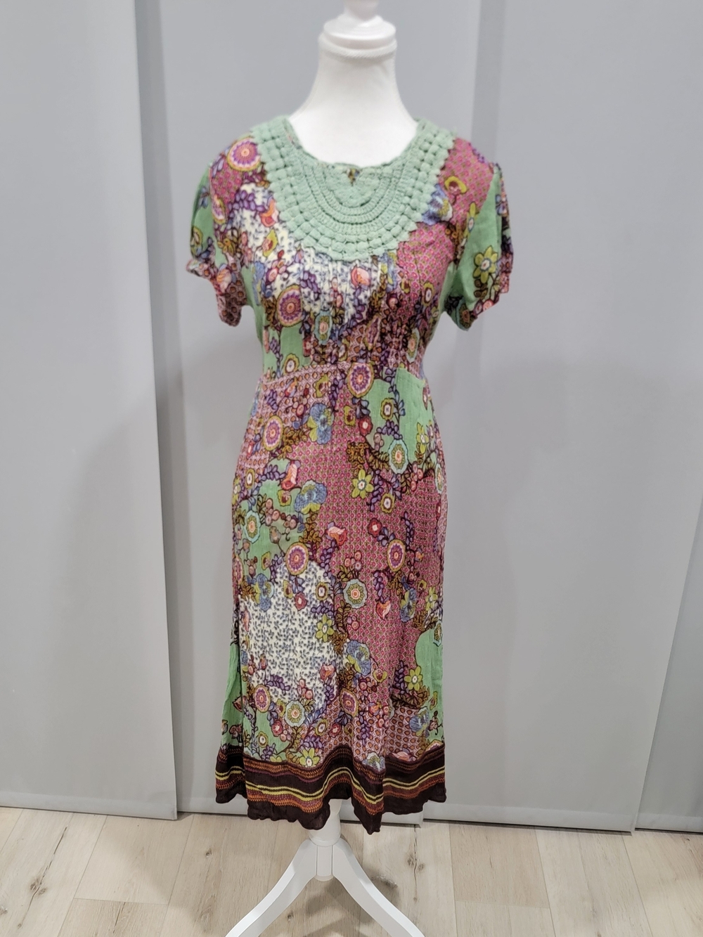 PHOOL Mint & Pink Floral Crochet-Neck Midi Dress